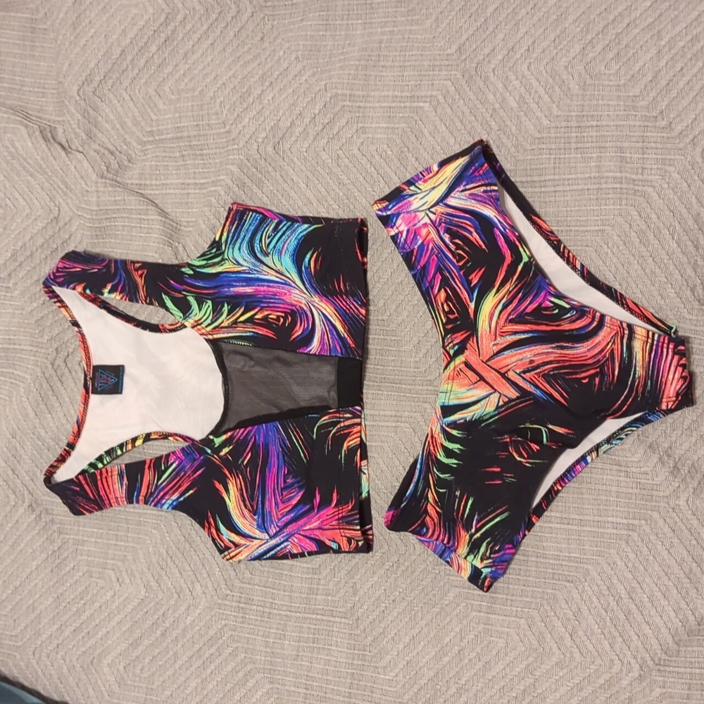 Neon Tropical Rave matching set - bra top and booty shorts
